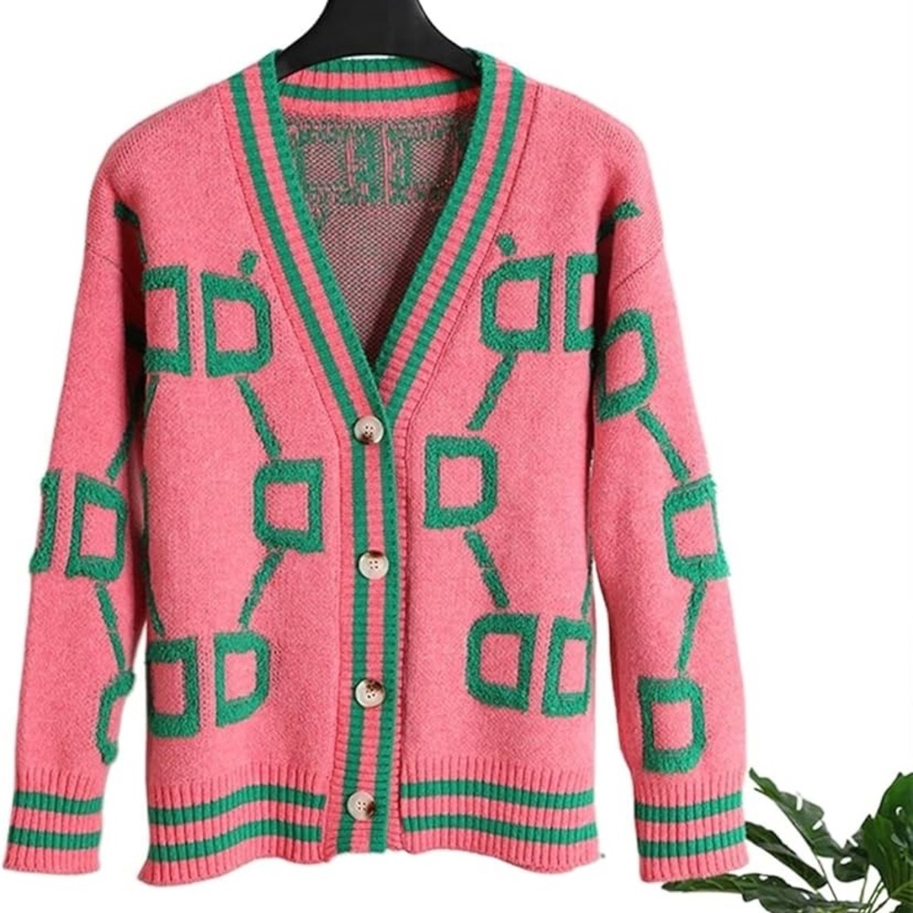 Retro-Inspired Pink & Green Knit Cardigan – Size Large Never Been Worn